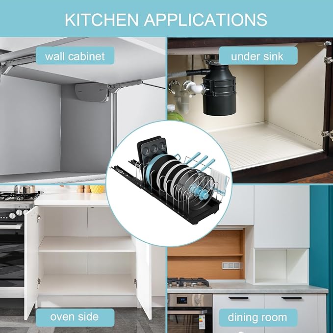 Golener Pots and Pans Organizer Under Cabinet - 22" Deep Expandable Pot Organizers inside Cabinet with 10 Adjustable Dividers &Handrail, No Drill Pot Lid Holder, Sliding Pot Lid Holder, 2 Packs