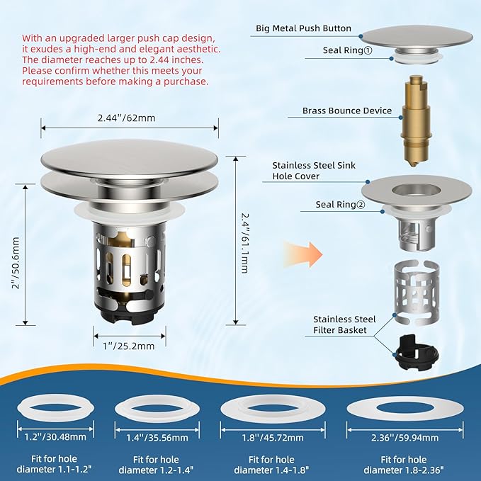 Hibbent 2 Pack Upgraded 3 in 1 Bathroom Sink Drain Strainer, Pop Up Sink Stopper with Big Cap, Anti-Clogging Metal Filter Basket,Sink Plug with Hair Catcher for 1.1''~2.36'' Basin, Brushed Nickel