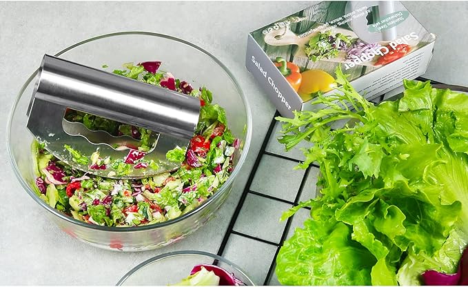 Salad Knife Chopper with Protective Cover - Stainless Steel Salad Cutter, Double Blade Chopping Knife, Mezzaluna Salad Chopper for Salad and Vegetable Mincing