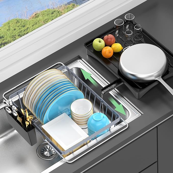 LEMIKKLE Sink Dish Drying Rack - Expandable Small Dish Rack Over Sinks with Drying Tray, Dish Drainer for Kitchen Counter with Cutlery Holder, Drying Rack Fit for 14’’-19’’ Kitchen Sink