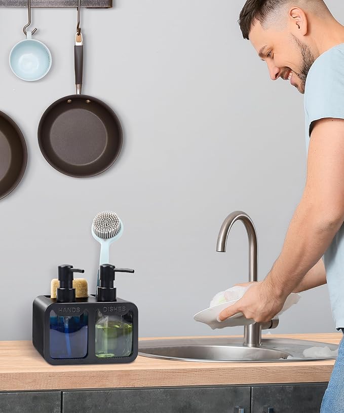 Kitchen Hand Soap and Dish Soap Dispenser Set, Dual Soap Dispenser with Sponge Caddy and Brush Holder 4-in-1 Organizer for Kitchen Sink Countertop, Useful Kitchen Gadgets - Black
