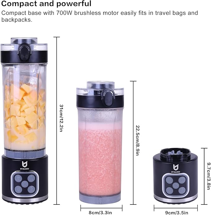 UTALENT Cordless Portable Blender, 25 oz removable Vessel, 700W Personal Blender, For-Smoothies, Ice Crush, 4 Programs, Leakproof-Lid & Sip Spout, USB-C Rechargeable, Dishwasher Safe Parts, Black
