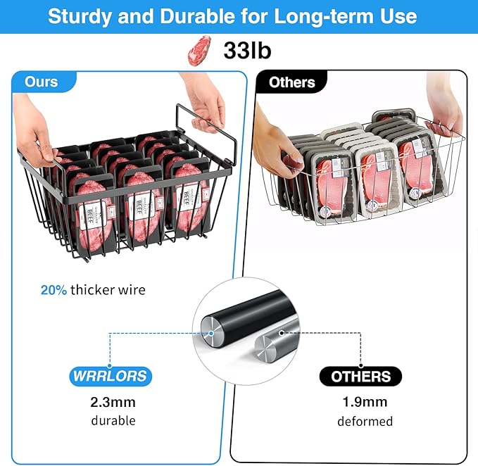 Freezer Organizers Bins with Folding Handles,4 Pack Stackable Upright Freezer Organizers Baskets for 5-7 Cu.Ft Deep Freezer Storage, Increased Space for Food Storage, Easy to Access,Black