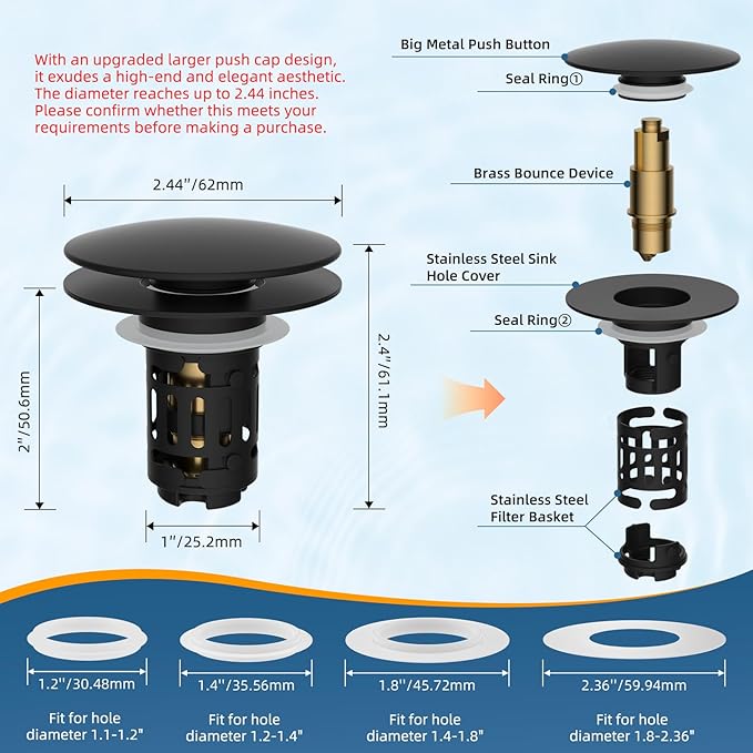 Hibbent 2 Pack Upgraded 3 in 1 Bathroom Sink Drain Strainer, Pop Up Sink Stopper with Big Push Cap, Anti-Clogging Metal Filter Basket,Sink Plug with Hair Catcher for 1.1''~2.36'' Basin, Matte Black