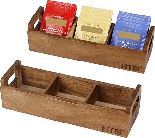 2 Pack Acacia Wood Small Tea Bag Box with 3 Compartments for Counter