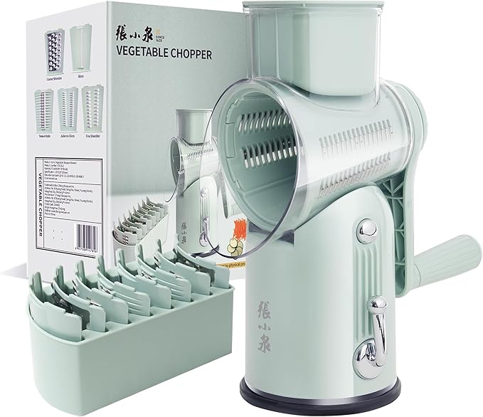 Rotary Cheese Grater Manual Hand Crank with 5 Blades & Suction Base, Kitchen Vegetable Shredder Slicer for Veggie, Nuts, Fruit, Green