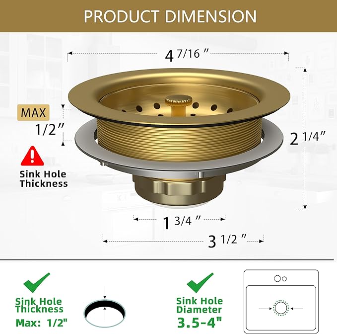 Kitchen Sink Drain Gold Sink Drain Strainer with Fixed Post 3-1/2 Inch Kitchen Drain Assembly with Strainer Basket and Drain Stopper for Standard Kitchen Sink Stainless Steel Brushed Gold
