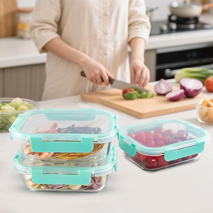 10 Pack 22 oz Glass Meal Prep Containers, Food Storage Containers with Lids, Airtight Leakproof Lunch Containers for Kitchen, Freezer, Microwave, Dishwasher Safe (Mint Green)