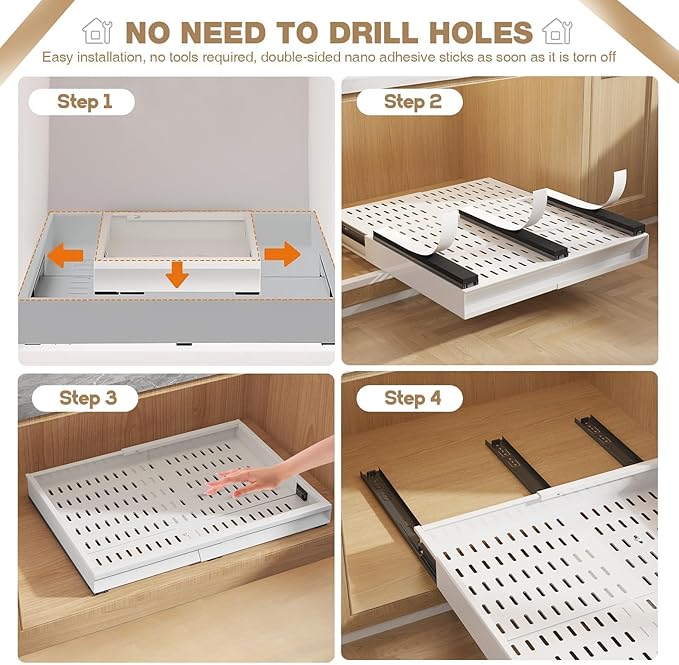 Seinloes Pull Out Cabinet Organizer, 4-Side Expandable to Fit Most Cabinets, 3 Rail Slide Out Drawers with Raising Pad for Framed & Frameless Cabinets, 11"-16" W x 17"-24" D, White, 2 Pack