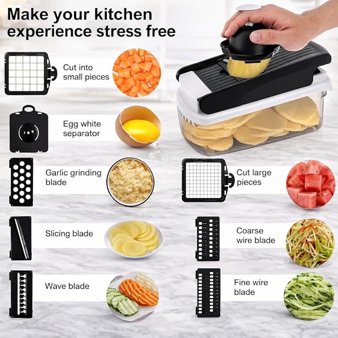 12-in-1 ABS Vegetable Chopper, Onion Cutter with Container, Food Slicer Dicer & Grater, Multifunction Kitchen Gadget for Fruits & Vegetables, BPA Free