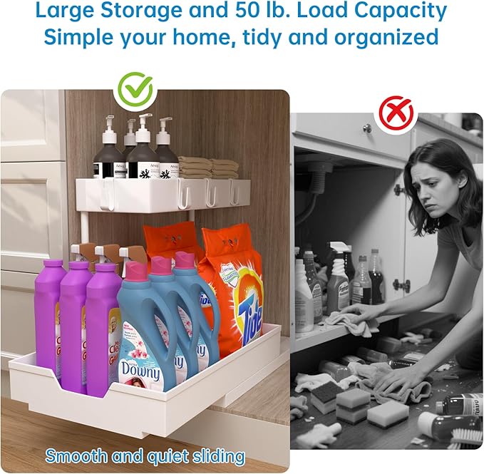 NATURE'S SOURCE Under Sink Organizers, Sliding L-shape Cabinet Organizers Narrow Space Storage Multi-purpose Sink Organizer Baskets with 4 Hook for Bathroom Kitchen Drawer (White, 1 pack)