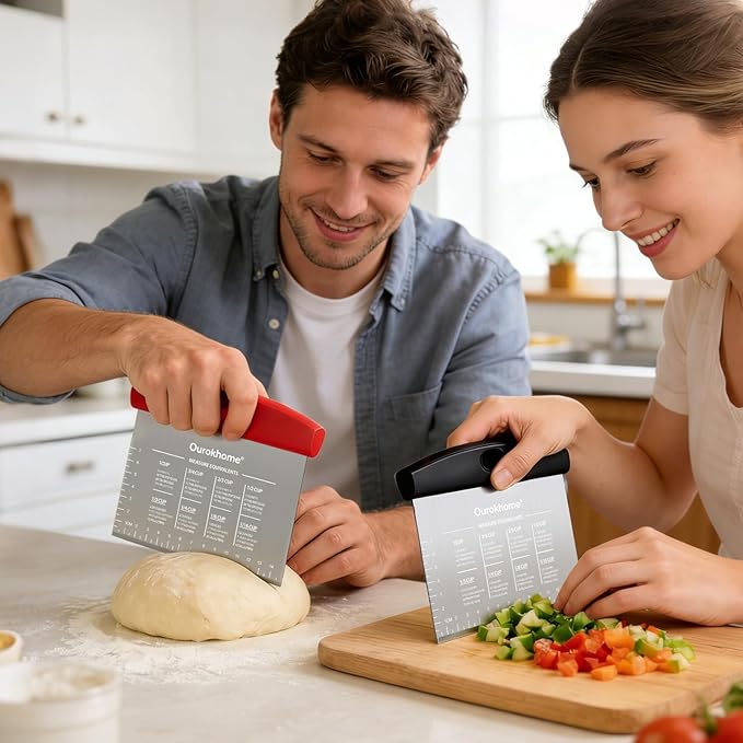 Ourokhome 2 Pack Bench Scraper Dough Cutter, Stainless Steel Dough Scraper with Laser-Etched Scale, Conversion Chart, Non-Slip Handle, Dishwasher Safe for Bread & Pastry, Black and Red
