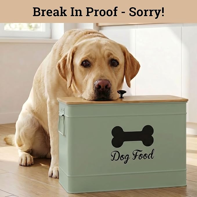 Dog Food Container Airtight 15-20 lb (70 Cup) Capacity with Metal Scoop - Cute Airtight Dog Food Storage Container with Bamboo Lid - Green Metal Kibble Storage Bin for Dogs up to 100 lbs - Big Pet Jar