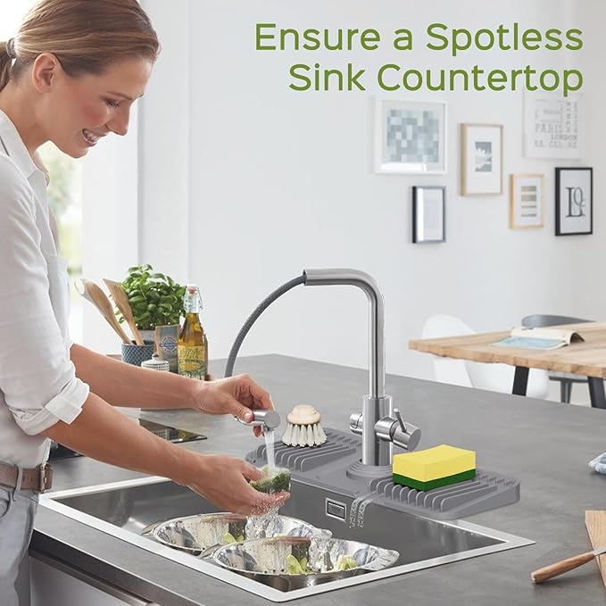 15 Inch Silicone Faucet Mat for Kitchen Sink Splash Guard โ 2025 Upgraded Draining Mat with Water Tray Behind Faucet โ Countertop Protectors to Catch Spills (Gray, 14.6" x 5.5")