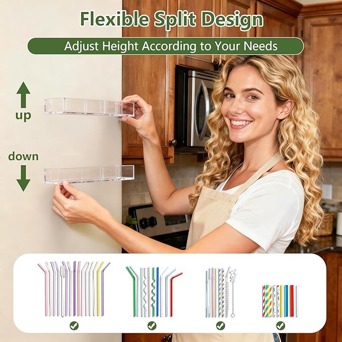 7.5" Small Acrylic Straw Holder for Cabinet Door - Reusable Tumbler Straw Organizer Storage, Small Kitchen Accessories Container, Ultra Sticky Cupboard Door Mounted (Transparent)