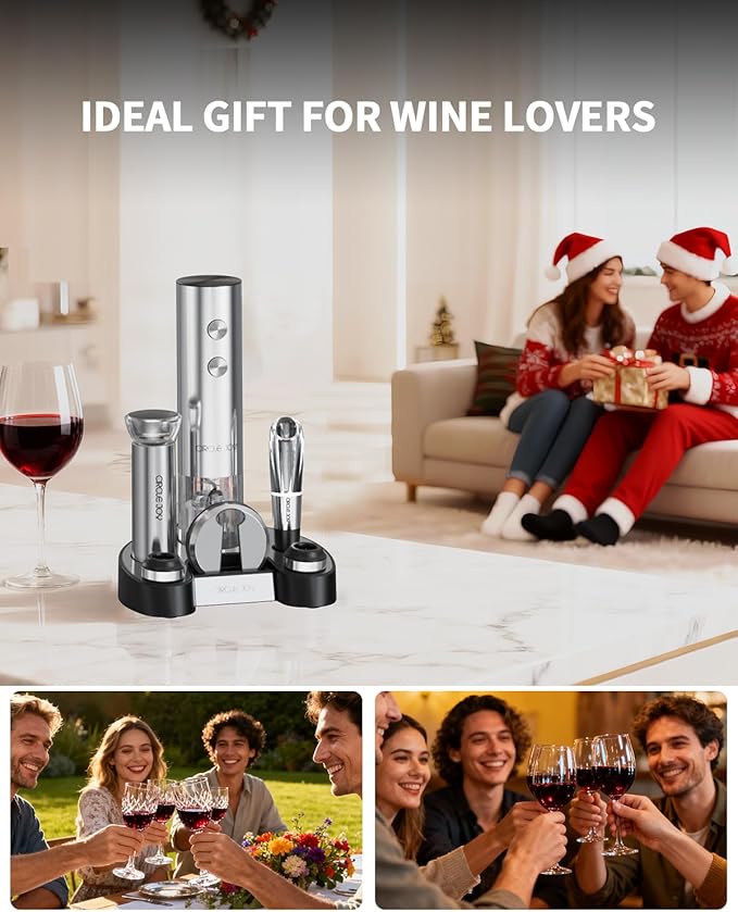 CIRCLE JOY Electric Wine Bottle Opener Set Stainless Steel Rechargeable Wine Opener 8-in-1 Wine Gift Set with Charging base, Foil Cutter, Wine Aerator Pourer, Vacuum Pump & 2 Wine Stoppers, Silver