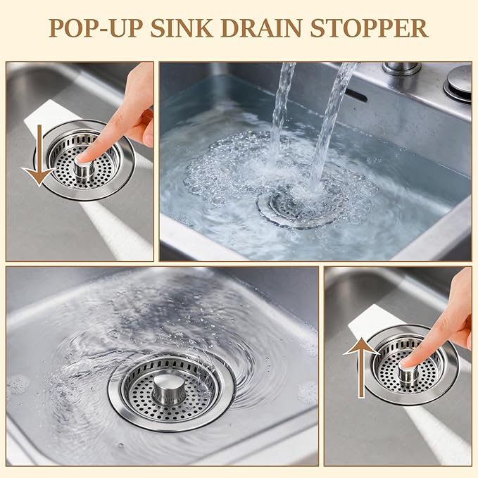 3-in-1 Kitchen Sink Drain Strainer - Pop Up Sink Stopper with Anti-Clogging Basket, Kitchen Gadgets Clearance Sink Accessories, Fits Standard 3-1/2” Openings for Double Bowl Kitchen Sinks