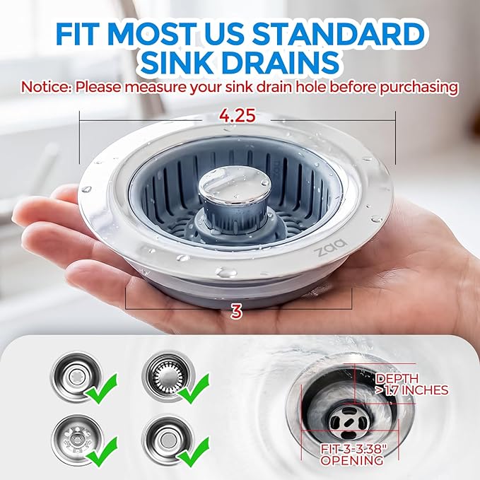 Sink Drain Strainer - Sink Stopper Kitchen Drain, 3 in 1 Kitchen Sink Drain Strainer with Anti-Clogging Basket, Kitchen Gadgets Clearance Sink Accessories, Fit US Standard 3-1/2'' Sink Hole, Silver