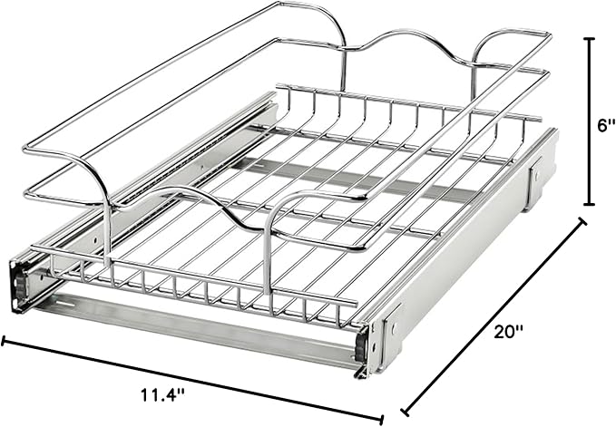 Rev-A-Shelf Steel Wire Pullout Drawer Organizer Shelf for Kitchen Cabinets, Slide Out Storage Basket, Min Opening Width of 11.5", 12" x 20", 5WB1-1220CR-1