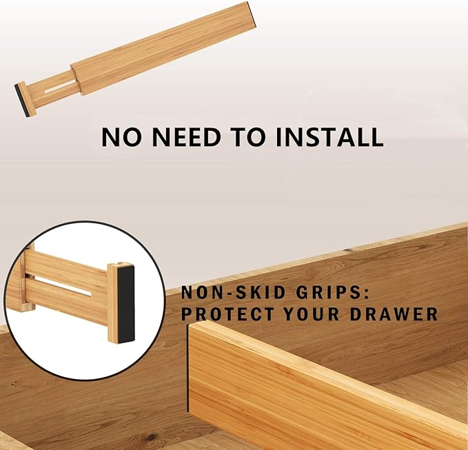 BAMEOS Bamboo Expandable Drawer Dividers – Fits 16.6"–22" Drawers, 2" High, Set of 4 | Spring-Loaded Bamboo Separator for Kitchen Island, Bathroom Vanity & Dresser Drawers