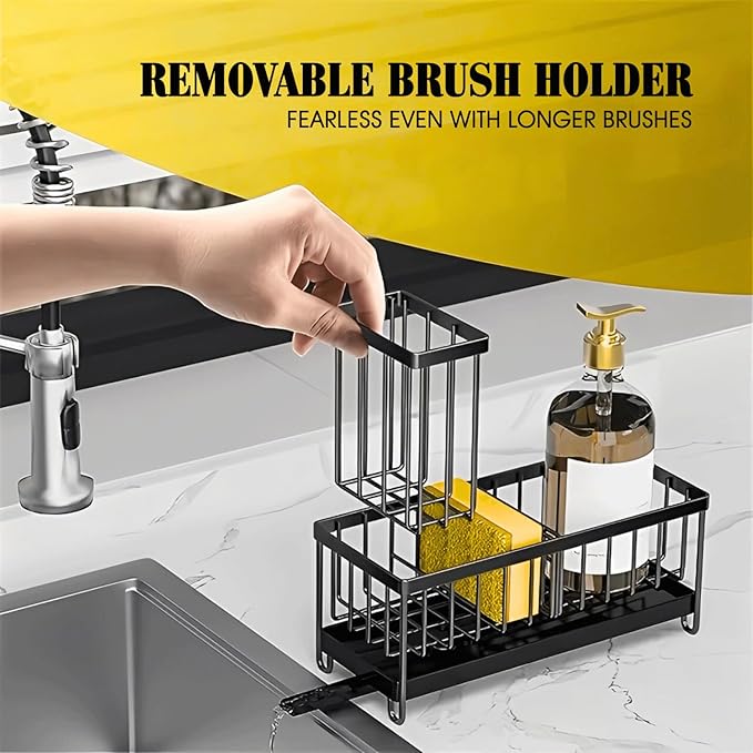 Sponge Holder for Kitchen Sink,5 in 1 Rustproof Stainless Steel Sink Caddy with Washing Cloth & Adhesive Hooks, Kitchen Sink Organizer with High Brush Holder and Soap Holder for Kitchen Sink