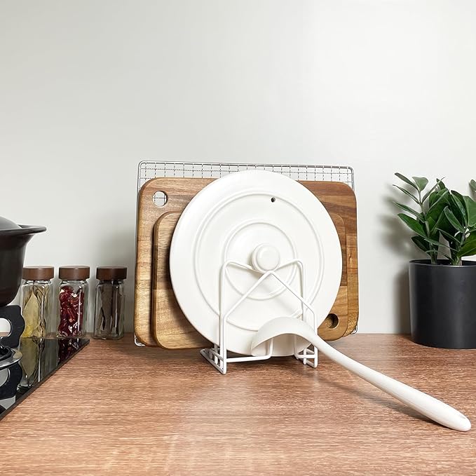SUNFICON Cutting Board Holder W 2 Chip Bag Clips 304 Stainless Steel Chopping Board Rack Pot Lid Organizer Inside Cabinet Pot Cover Cookie Sheet Bakeware Serving Tray Cooling Rack Stand Kitchen White