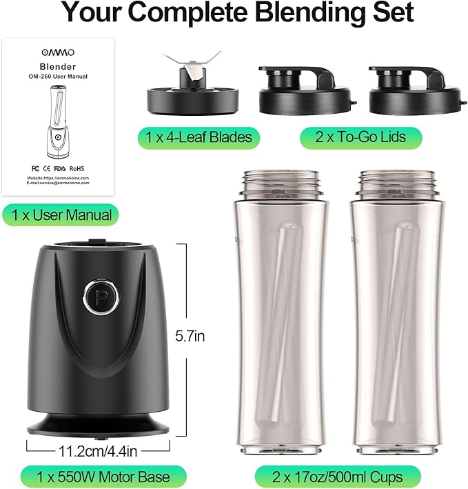 OMMO 500W Personal Blender for Smoothies, Milkshakes and Juices with 4-Fin Blades, 17oz BPA-Free Tritan Portable Cup, Powerful Single-Serve Kitchen Blender