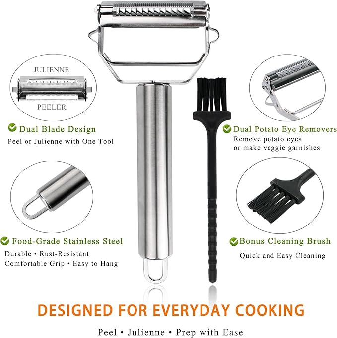 Sunkuka Potato Apple Vegetable Peeler Julienne Peeler for Kitchen - 3 in 1 Y Peeler for Fruit Veggie Carrot Cucumber Zucchini, Sharp Stainless Steel Peeler with Cleaning Brush