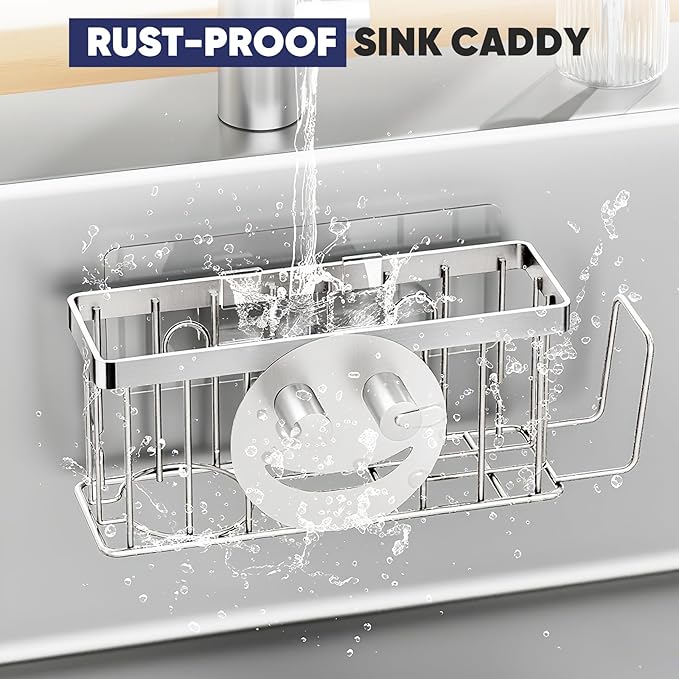 MURLONG Sponge Holder for Kitchen Sink,Sink Caddy Smiley Face,4-in-1 Sponge Holder with Suction Cups & 1 PCS Adhesive Strips for Holding Soap,Brush,Scrubber,Sponge,Stopper-Silver