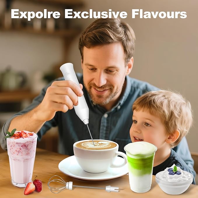 Rechargeable Milk Frother Handheld, Electric Frother Wand with 2 Stainless Stee Whisks & 3 Speeds,Drink Mixer Handheld for Coffee, Latte, Cappuccino, Matcha, Protein Shakes-White