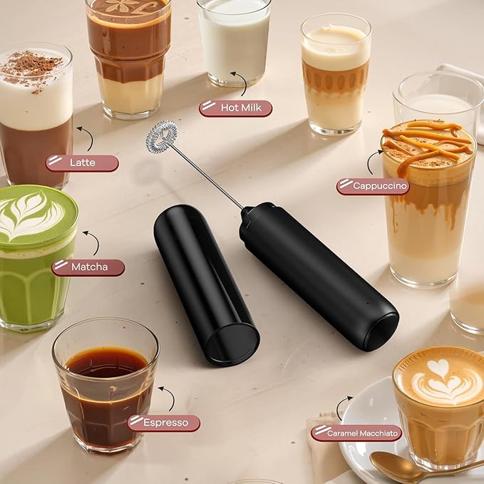 Rechargeable Milk Frother Handheld, Portable Hand Frother Wand Drink Mixer for Coffee, Latte, Matcha, Cappuccino, Frappe with cover kitchen gifts