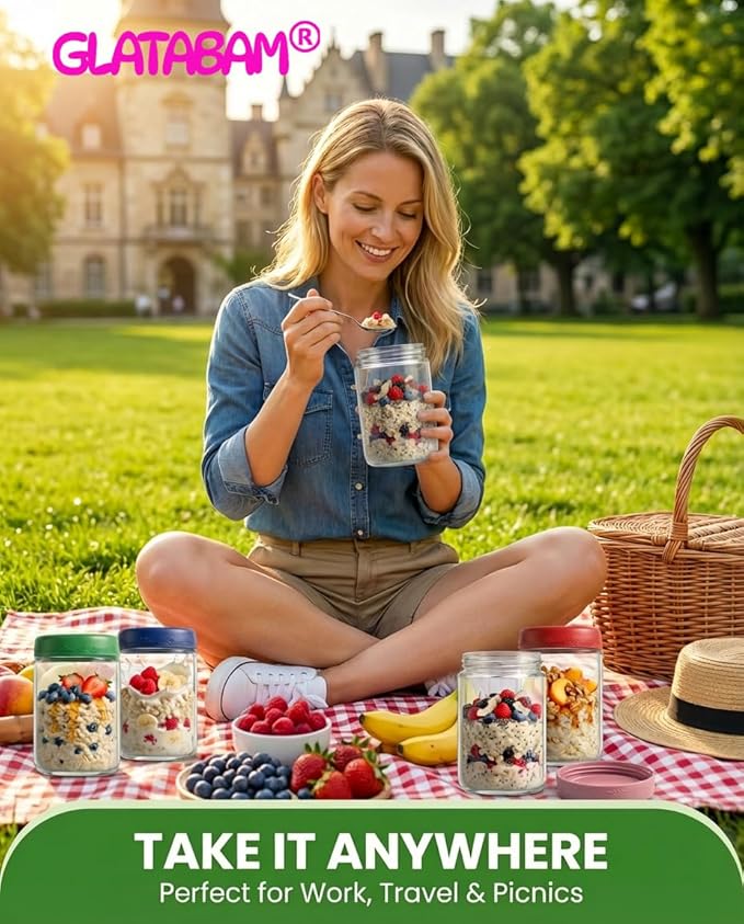 18 OZ 4Pack, Overnight Oats Jars with Lids, Glass Meal Prep Containers, Airtight Mason Jars for Breakfast, Yogurt Parfait, Salad & Smoothies, Leakproof and Reusable Food Storage Jars(4-1)
