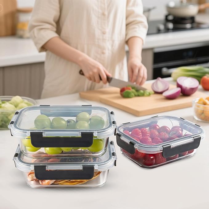 10 Pack 22 oz Glass Meal Prep Containers, Food Storage Containers with Lids, Airtight Leakproof Lunch Containers for Kitchen, Freezer, Microwave, Dishwasher Safe (Grey)