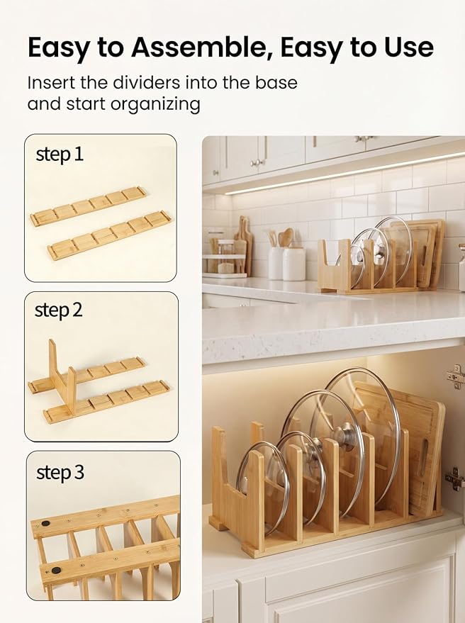 2 Pack Bamboo Pot Lid Organizer Rack, 14" x 7" x 5" Bamboo Pan Lid Holder with 2" Spacing Dividers, Keeps Lids Upright, Pot Lid Organizer for Drawer & Cabinet, Caraway Lid Organizer