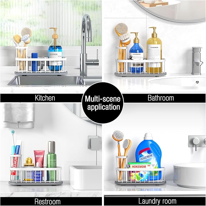 Sponge Holder for Kitchen Sink with High Brush Holder, White