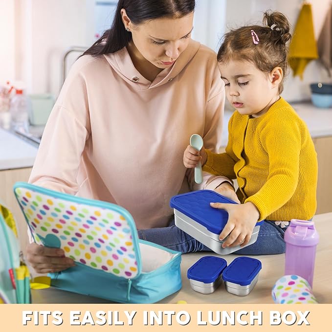 Tanjiae 3 CUP+1 CUP Stainless Steel Lunch Snack Containers Set | Leak Proof 304 Stainless Steel Food Containers with Silicone Lids - Perfect Metal Lunch Box for Home and Travel (25oz+8oz*2)