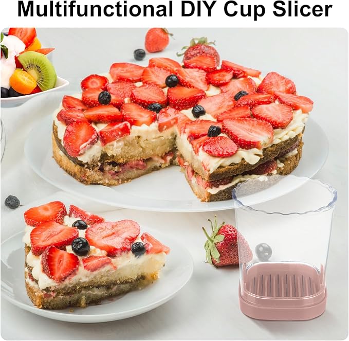 Strawberry Slicer:Fruit Slicer Cup Veggie Salad Speed Cutter for Strawberries Egg Banana Mushroom Cucumber Kiwi the Kitchen Portable Slicing Tool (Pink)