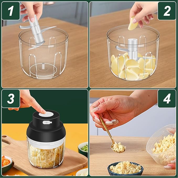 Electric Garlic Chopper, 250ML Garlic Mincer with Egg Beater, Mini Portable Vegetable Chopper, Onion Grinder Masher, USB Small Food Processor for Veggie, Garlic, Ginger, Chili(Black)