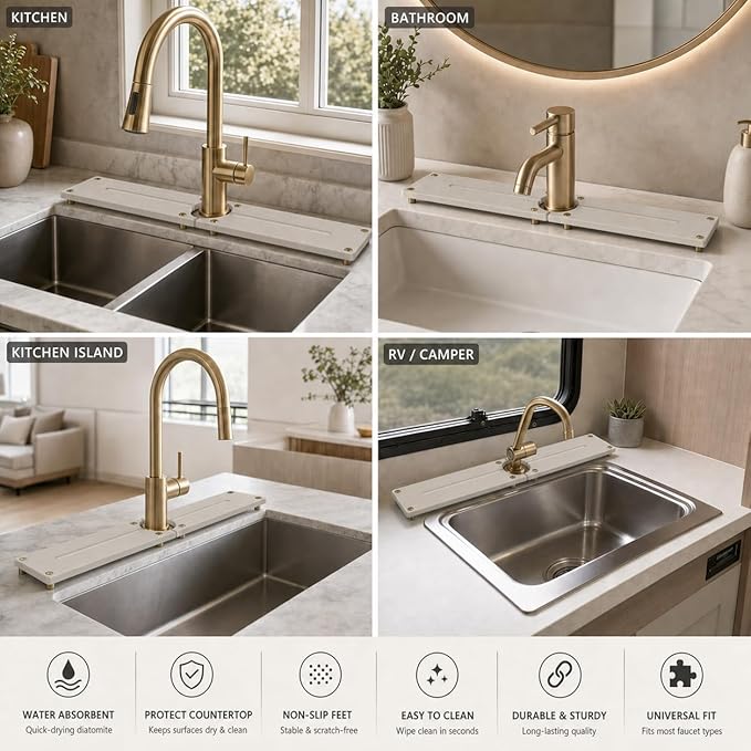 Stone Faucet Mat for Kitchen Sink, Water Absorbing Sink Tray Organizer for Bathroom Counter, Diatomite Soap Dish Coaster Caddy Riser, Sponge Holder Dispenser Mat, Gold Beige, 23.6" x 4"