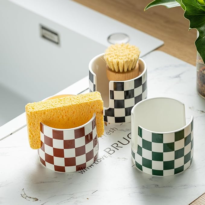 Zoeeker Checkered Kitchen Sink Sponge Holder, Dish Sponge Rack Ceramic Brush Holder Farmhouse Kitchen Drying Rack for Brush, Scrubbers, Bathroom, Sink, Black and White