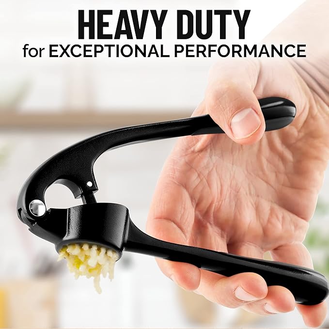 Zulay Kitchen Premium Garlic Press Set - Rust Proof Professional Garlic Mincer Tool - Easy-Squeeze, Easy-Clean with Soft, Ergonomic Handle - Silicone Garlic Peeler & Brush (Black)