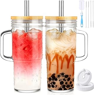 24oz Glass Tumbler with/Lid & Straw, Handle 2‑Pack Iced Coffee Cups