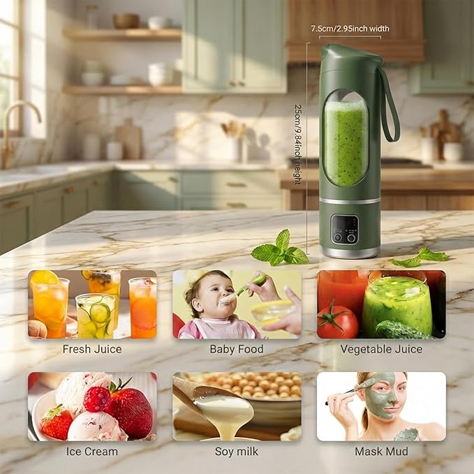 Portable Personal Electric Blender,500ML Portable Shakes and Smoothies Blender,12 Blades USB Rechargeable Small Blenders、Mixing、Compact、Convenient and Versatile (Green)
