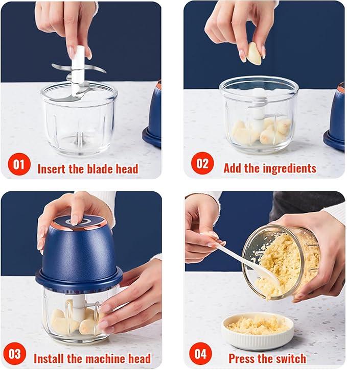 Electric Garlic Chopper 350ml, Powerful Portable Mini Food Processor, 1 Head 6 Blades, 1200mAh USB Rechargeable One-Touch Mincer for Garlic, Onion & Herbs, Auto Shut-Off, Noise-Reducing Base(Blue)