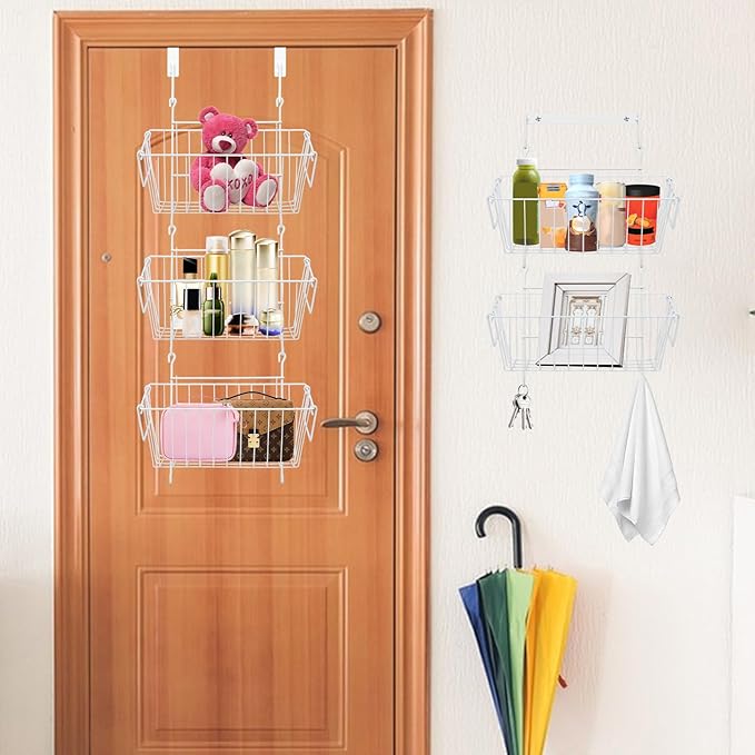 Over The Door Organizer – 5 Removable Hanging Baskets, Back of Door Storage for Bathroom, Kitchen, Pantry & Garage, No Tools Needed, 3 Installation Methods (Wall/Door Mount) White