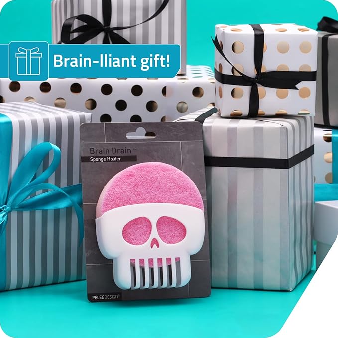 PELEG DESIGN Brain Drain White Skull Sponge Holder for Kitchen, Bath, or Sink, Drains and Dries All Types of Sponges, 1 Sponge Included
