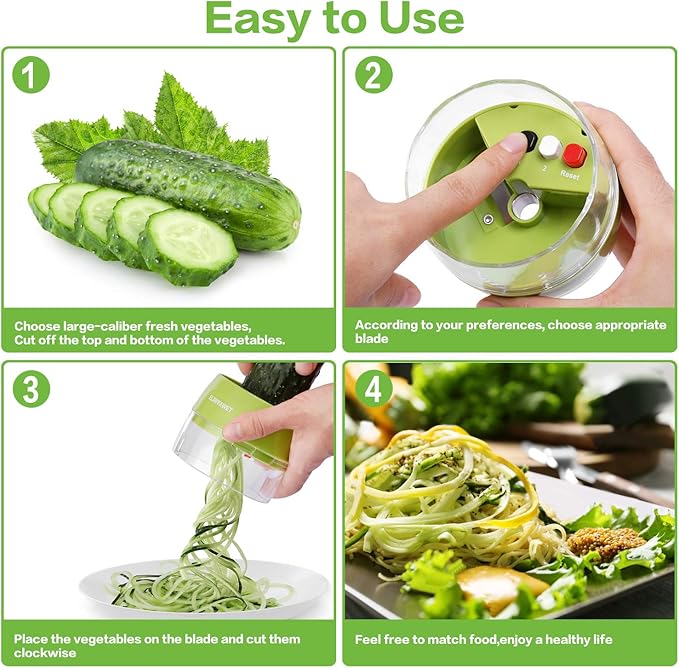 Handheld Spiralizer Vegetable Slicer, 4 in 1 Heavy Duty Veggie Spiral Cutter - Zoodle Pasta Spaghetti Maker