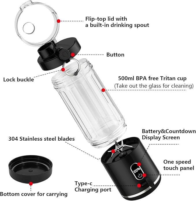 Liebe&Lecker Portable Blender, Cordless 17 Oz Vessel, Personal Blender for Shakes and Smoothies, BPA Free, Leak-proof Lid, USB-C Rechargeable Personal Size Blenders for Kitchen Offic Gym