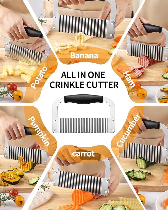 Crinkle Cutter Stainless Steel Potato Slicer Heavy Duty Wavy Crinkle Cutting Chopping Tools with Wooden Handle for Carrot Veggies (1, Black)
