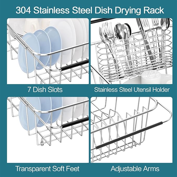 Small Dish Drainer Rack in Sink Adjustable, Expandable 304 Stainless Steel Metal Dish Drying Rack Organizer with Stainless Steel Utensil Holder Over Inside Sink Counter, Rustproof(For 1-2 People)